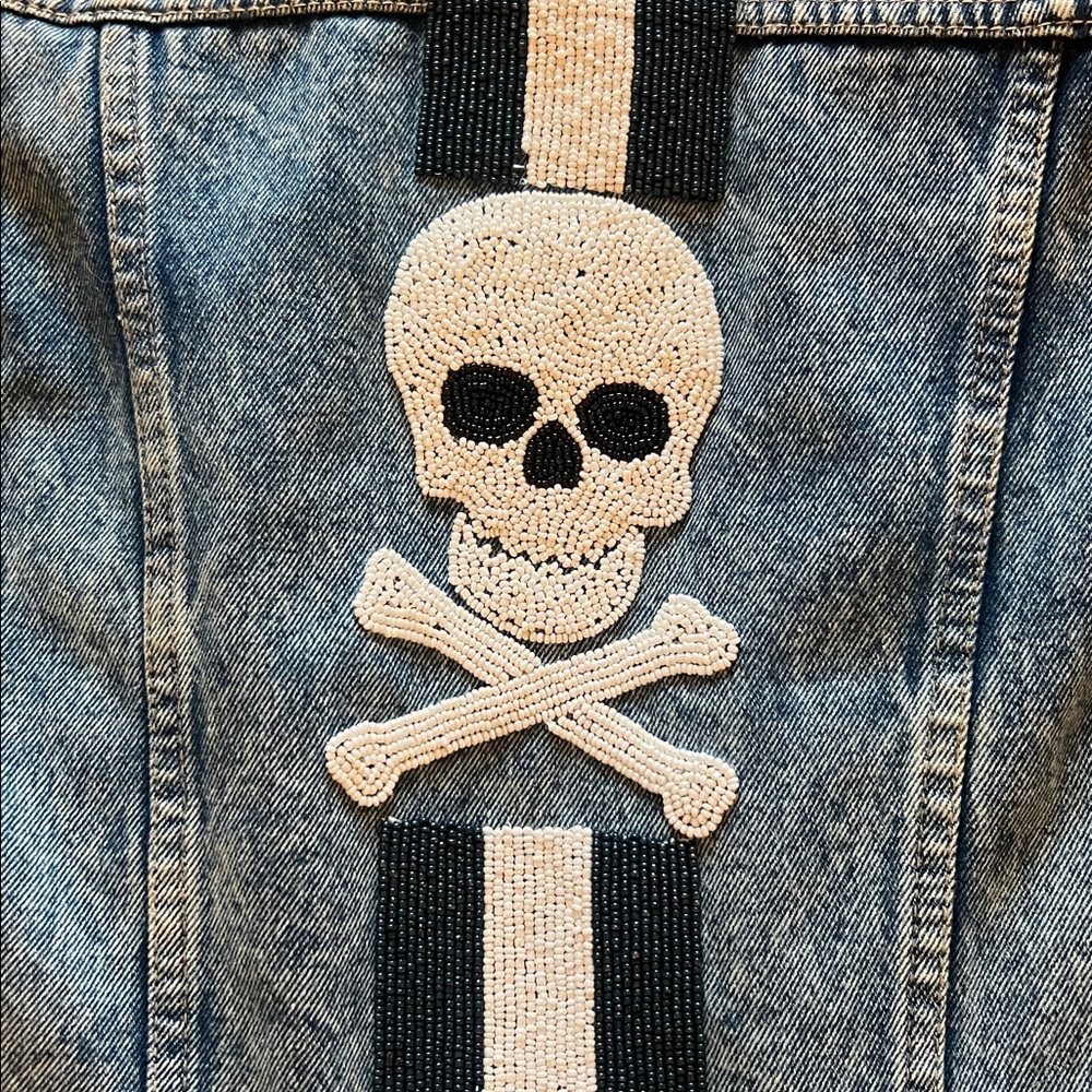 Washed Blue Denim cropped Jacket with beaded Skull Back Stripe - Picture 2 of 6